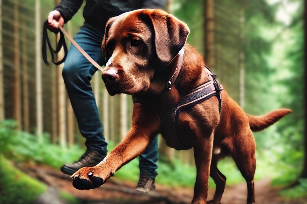 Intentional dog walk on varied terrain to strengthen core and improve coordination.