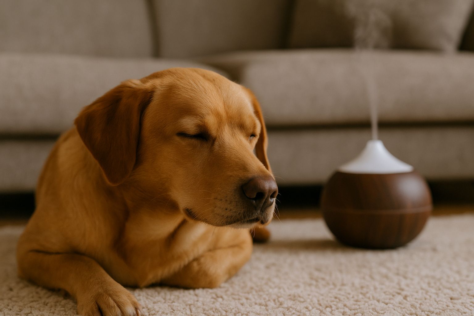 Golden Labrador lying calmly on a beige carpet, enjoying a relaxed moment beside a lavender essential oil diffuser.
