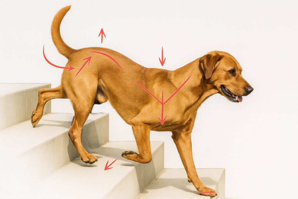 A golden retriever walking down stairs with red arrows illustrating how forces travel through the shoulders, spine, pelvis, and paws during stair walking in dogs