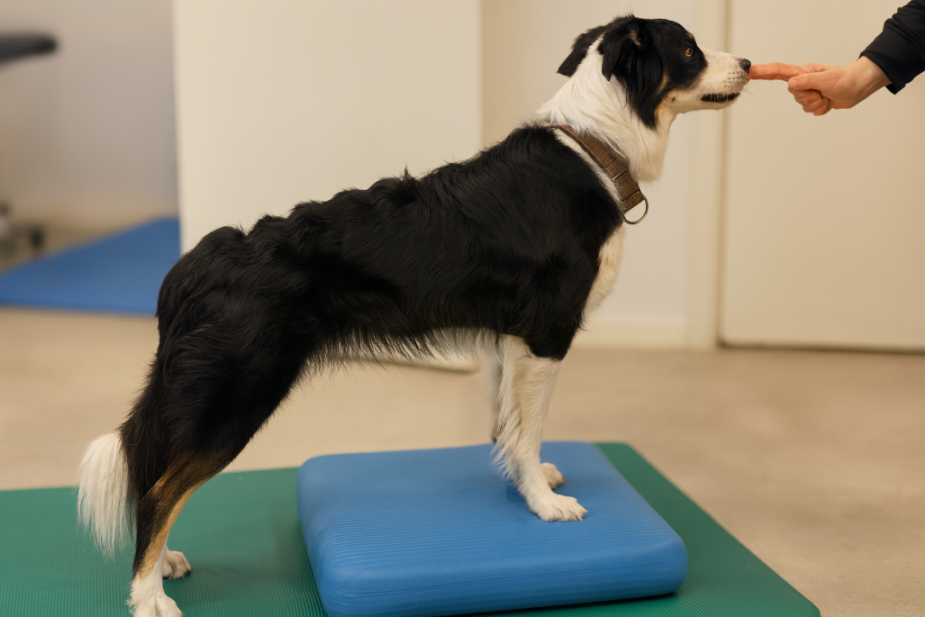 Dog practicing balance exercise on an elevated surface to activate postural control and coordination.