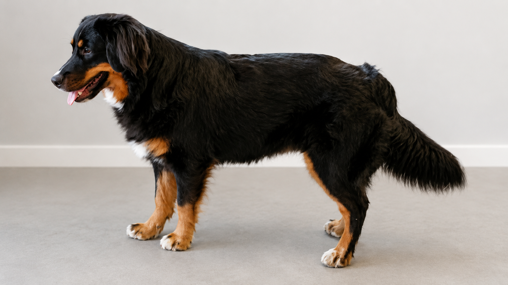 Black and tan dog standing indoors in side view, showing posture and limb placement that can help you notice early changes in your dog’s movement