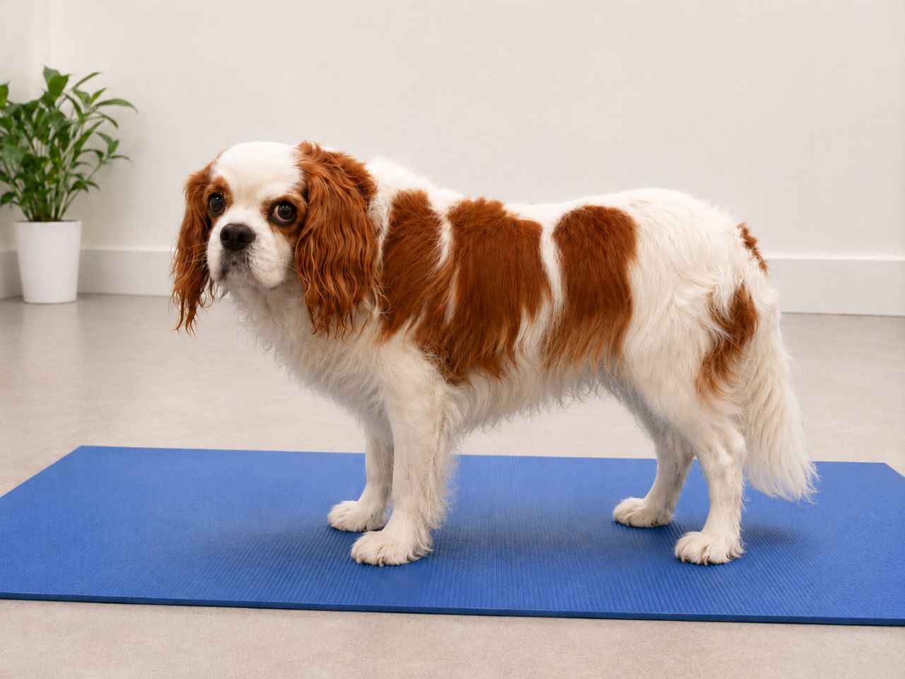 Cavalier King Charles Spaniel standing on a blue mat, showing a slightly hollow back posture that may be useful to notice when observing changes in standing position.